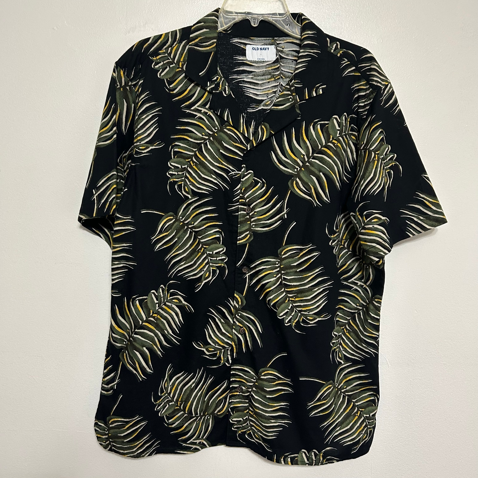 Old Navy Tropical Leaf Camp Shirt Black Cotton Hemp Men's
